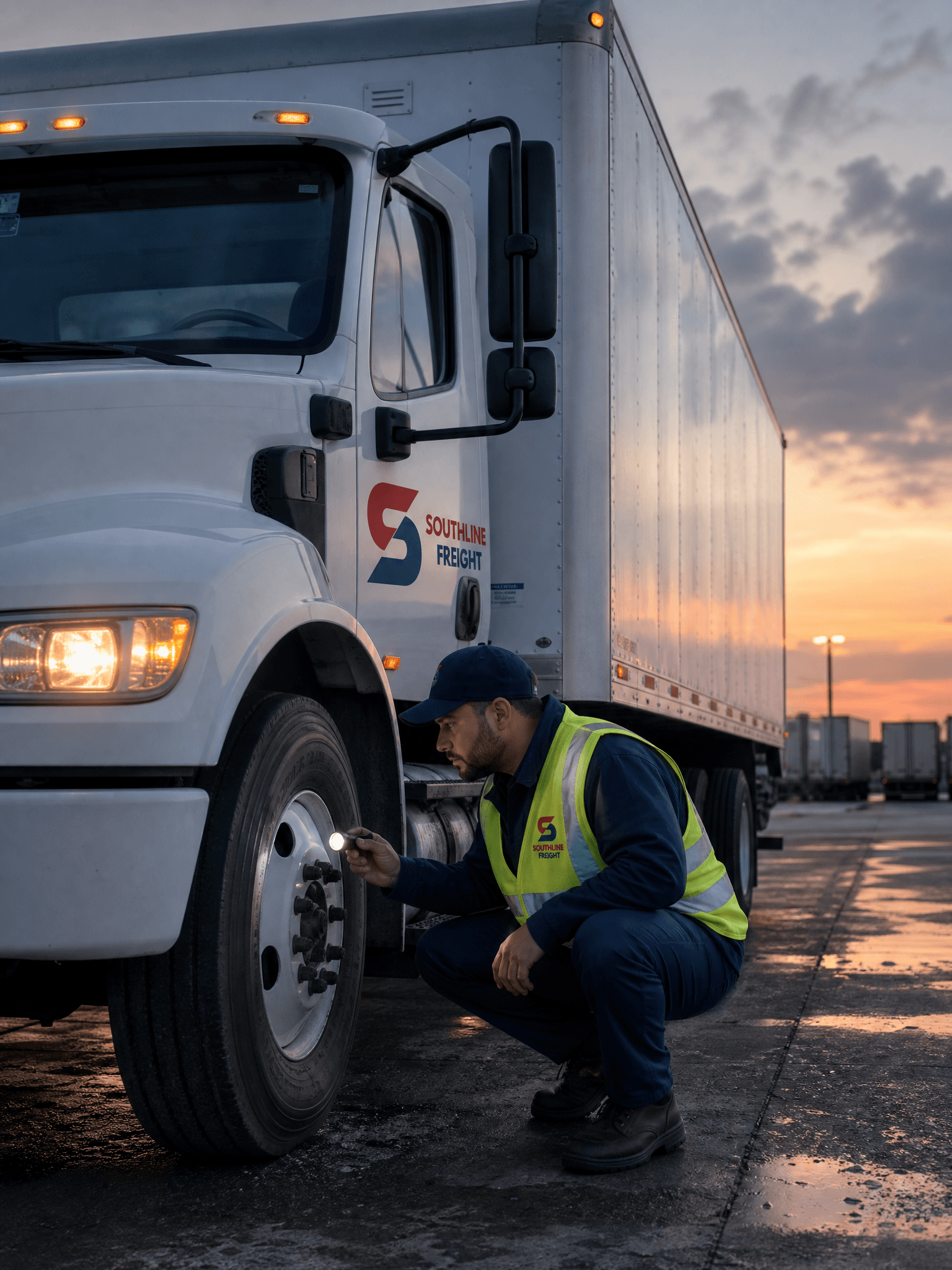 Southline Freight driver performing a pre-trip inspection on a company truck at dawn