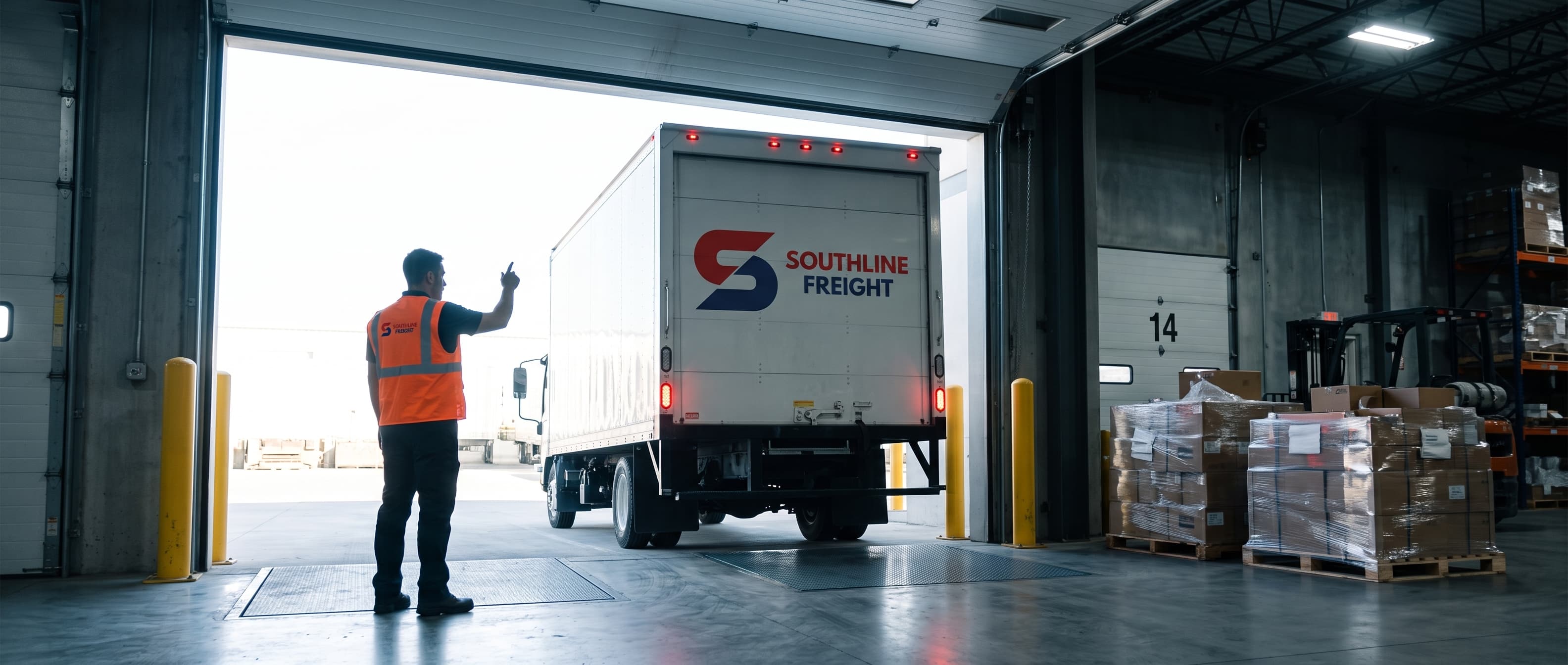 Dock worker guiding a Southline Freight truck into a warehouse bay