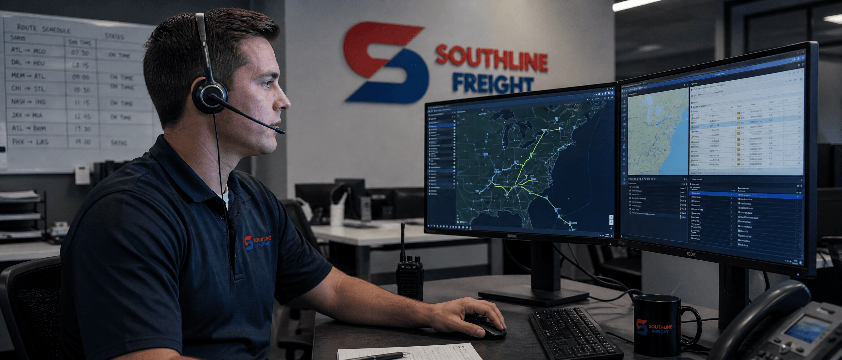Southline Freight dispatch coordinator tracking routes on dual monitors