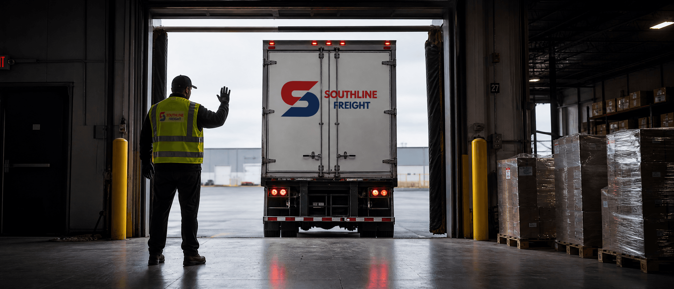 Southline Freight truck backing into a dock bay for a scheduled pickup